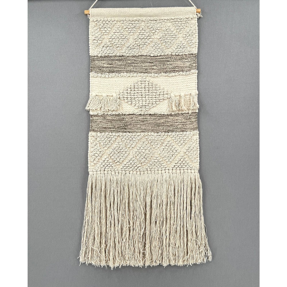 Macrame Tapestry Woven Wall Hanging Medium Cream Brown Boho Fringe Ornamet Gift